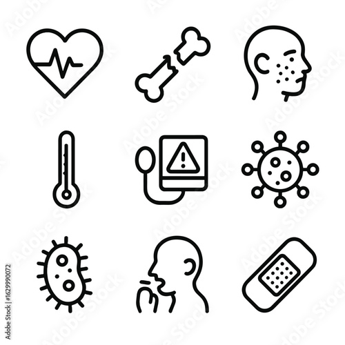 Medical Disorder Icons. Outline icon set of medical disorders: heart irregularity, broken bone, rash, fever thermometer, blood