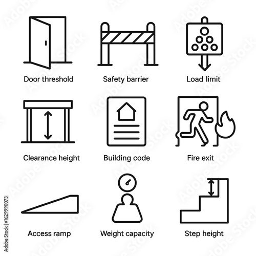 Construction Icon Grid. Outline icon set of threshold in construction and architecture: door threshold, safety barrier, load limit