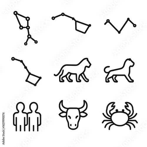 Constellation Icon Set. Outline icon set of constellation patterns: Orion belt stars connected, Ursa Major outline, Cassiopeia W