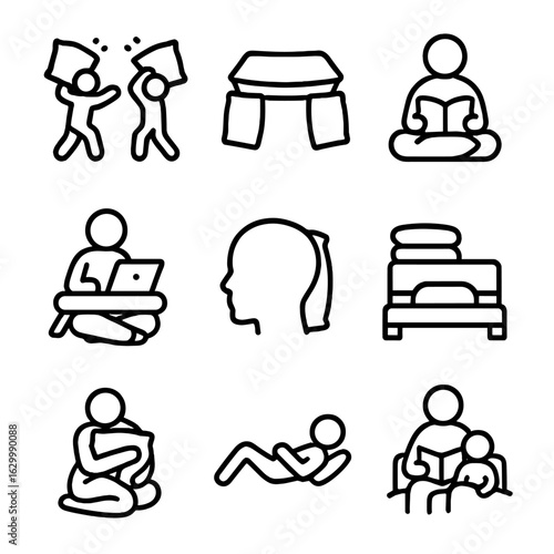 Cozy Pillow Icons. Outline icon set of pillow play and comfort: pillow fight motion, fortress of pillows, reading with pillow,