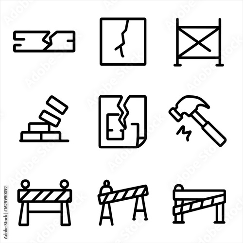 Construction Icon Set. Outline icon set of break in construction: broken beam, cracked wall, collapsed scaffold, hazard sign,