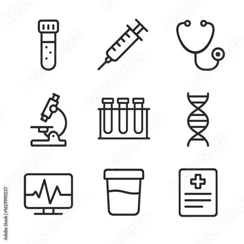 Medical Test Icons. Outline icon set of medical tests: blood test vial, syringe, microscope, stethoscope, test tube rack, DNA