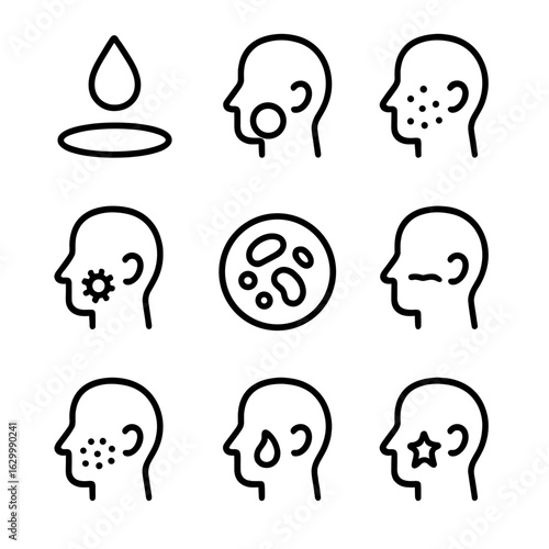 Medical Stain Icons. Outline icon set of stain types in medical context: blood spot, bruise, rash, infection mark, bruise, scar,