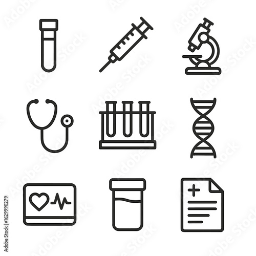 Medical Test Icons. Outline icon set of medical tests: blood test vial, syringe, microscope, stethoscope, test tube rack, DNA