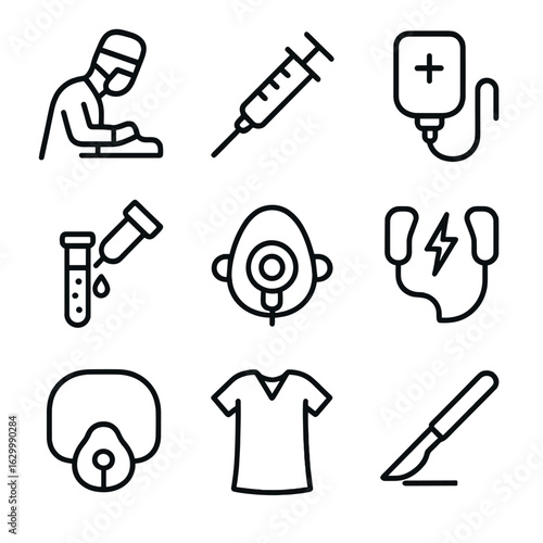 Medical Icon Set. Outline icon set of medical procedures: surgery, injection, IV drip, blood test, CPR mask, defibrillator shock,
