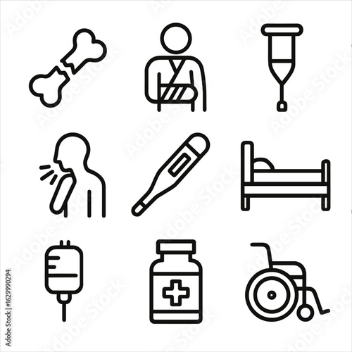 Medical Icon Set. Outline icon set of physical suffering: broken bone, bandaged arm, crutch, wheelchair, coughing person, fever