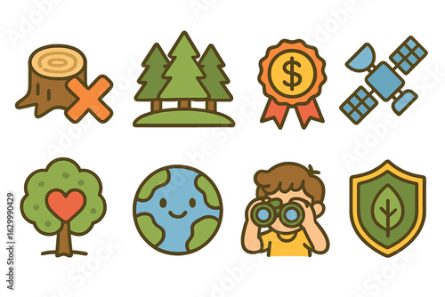 Eco-Friendly Icons Grid. Flat vector mini-illustrations deforestation avoidance credits in colors children's illustrations: cut
