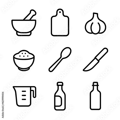 Cooking Prep Icons. Outline icon set of cooking prep items: pestle, mortar, cutting board, garlic bulb, spice bowl, mixing spoon,