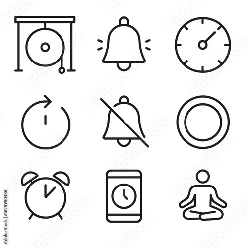 Meditation Timer Icons. Outline icon set of meditation timer: gong, bell chime, timer dial, countdown, silent mode, progress ring,