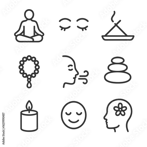 Meditation Icon Set. Outline icon set of calm meditation: lotus pose, closed eyes, incense stick, meditation beads, calm breath,