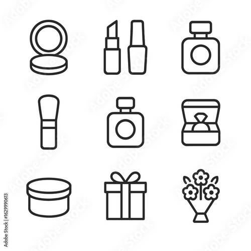 Cosmetic Line Icons Grid. Outline icon set of cosmetic and decorative covers: face powder compact, lipstick case, nail polish