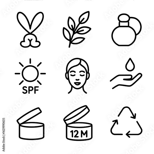 Cosmetic Label Icons. Outline icon set of cosmetic and beauty labels: cruelty-free tag, paraben-free label, fragrance label, SPF