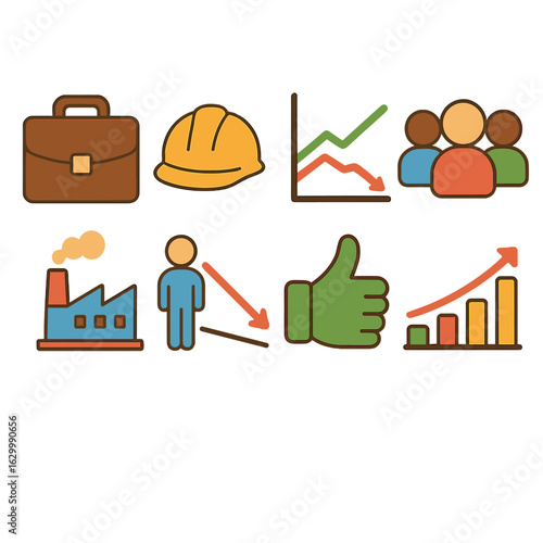 Economic Growth Icons. Flat vector mini-illustrations GDP and employment correlation in colors children's illustrations: briefcase