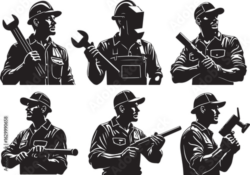 Skilled workers with tools ready for action in industrial settings