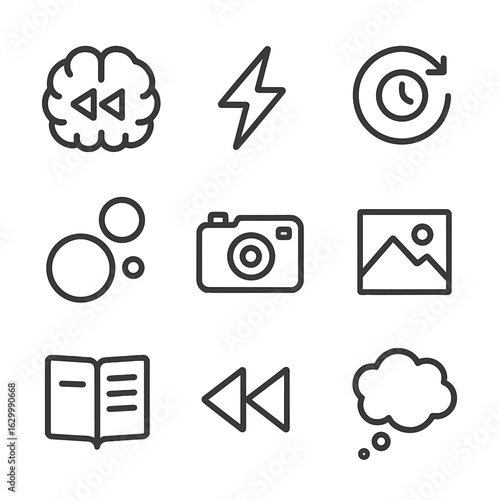 Mental Rewind Icon Set. Outline icon set of mental rewind: brain with rewind, flash icon, clock backwards, memory bubbles, vintage