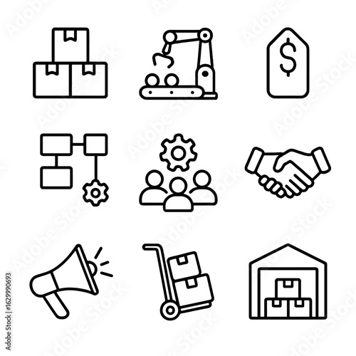Economies of Scale Icons. Outline icon set of economies of scale factors: bulk purchase, automated machinery, volume discount,
