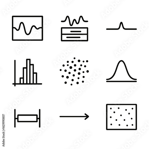Cosmic Data Icon Set. Outline icon set of cosmic microwave background data analysis: waveform chart, noise filter, signal peak,