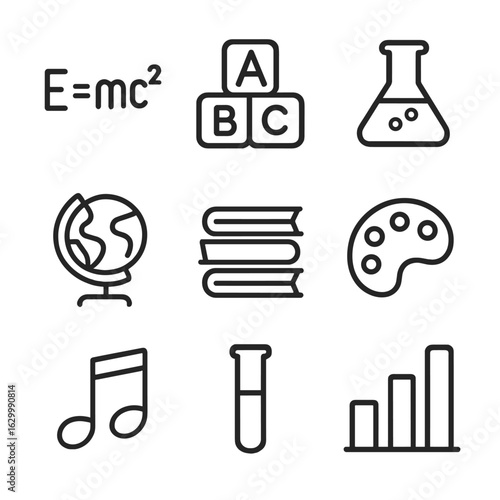 Educational Icon Set. Outline icon set of subject symbols: math equation, alphabet block, beaker flask, globe map, book stack, art