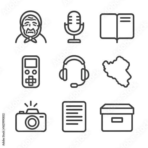 Elder Language Icon Set. Outline icon set of elder language documentation: elder portrait, vintage microphone, field notebook,