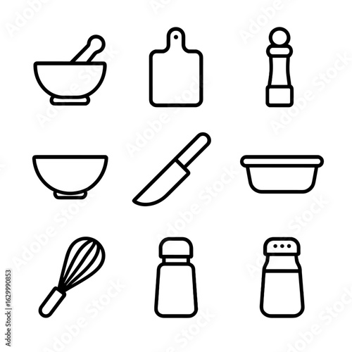 Culinary Prep Icon Set. Outline icon set of culinary prep equipment: pestle, mortar, chopping board, spice grinder, mixing bowl,