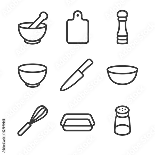 Culinary Prep Icon Set. Outline icon set of culinary prep equipment: pestle, mortar, chopping board, spice grinder, mixing bowl,