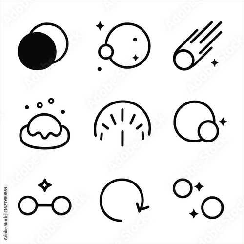Cosmic Event Icons. Outline icon set of cosmic events: eclipse silhouette, planetary transit icon, comet passing silhouette,