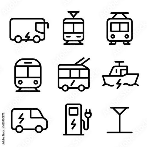 Electric Transit Icons. Outline icon set of electric public transit: electric bus, tram, light rail, subway train, trolleybus,