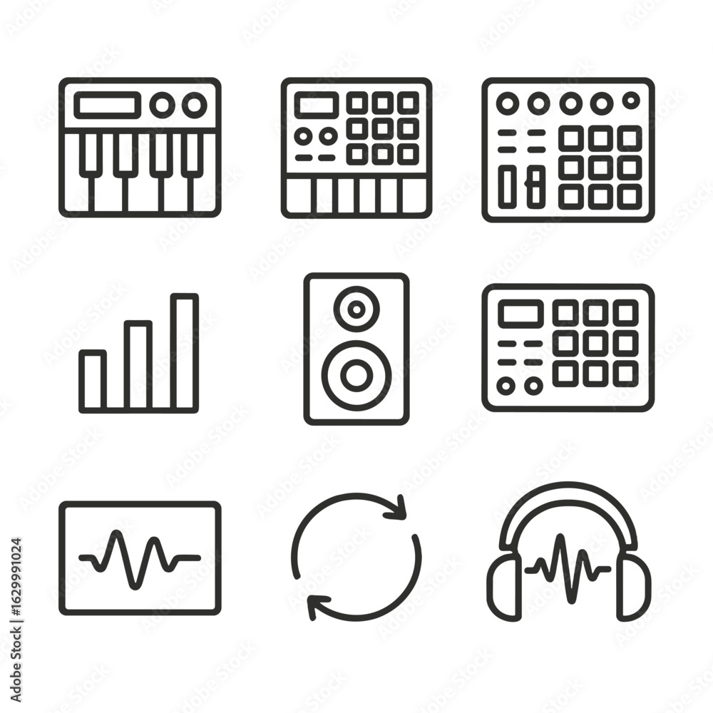 Fototapeta premium Electronic Music Icon Set. Outline icon set of electronic game beat production: synthesizer keyboard, drum machine pad, MIDI