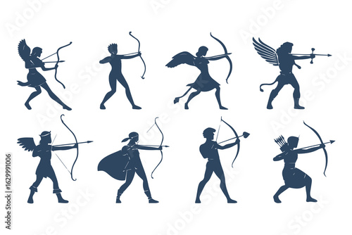 Collection of archer silhouettes in various poses. Vector illustration set of mythological hunters and warriors isolated on a white background.