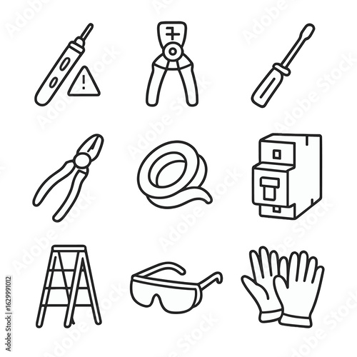 Electrical Safety Icons. Outline icon set of electrical safety and tools: voltage tester, wire stripper, screwdriver, pliers,