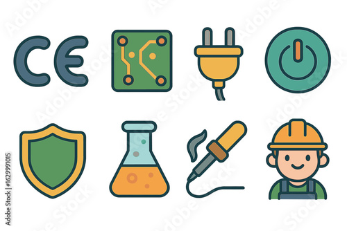 Electronics CE Icon Grid. Flat vector mini-illustrations CE marking for electronics in colors children's illustrations: CE logo,