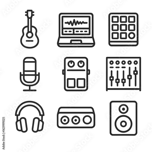 Electronic-Acoustic Icon Set. Outline icon set of electronic-acoustic mashup tools: acoustic guitar, laptop with DAW window,