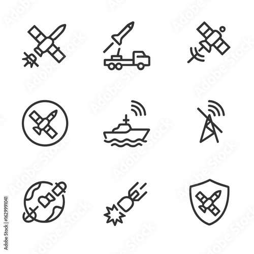 Military Satellite Defense Icons. Outline icon set of military satellite defense: anti-satellite weapon, missile defense system,
