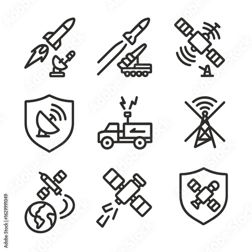 Military Satellite Defense Icons. Outline icon set of military satellite defense: anti-satellite weapon, missile defense system,