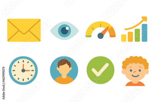 Email Monitoring Icons. Flat vector mini-illustrations email open rate monitoring in colors children's illustrations: email