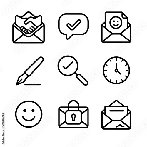 Email Icon Sets. Outline icon set of email etiquette and communication: open envelope with handshake, speech bubble with checkmark