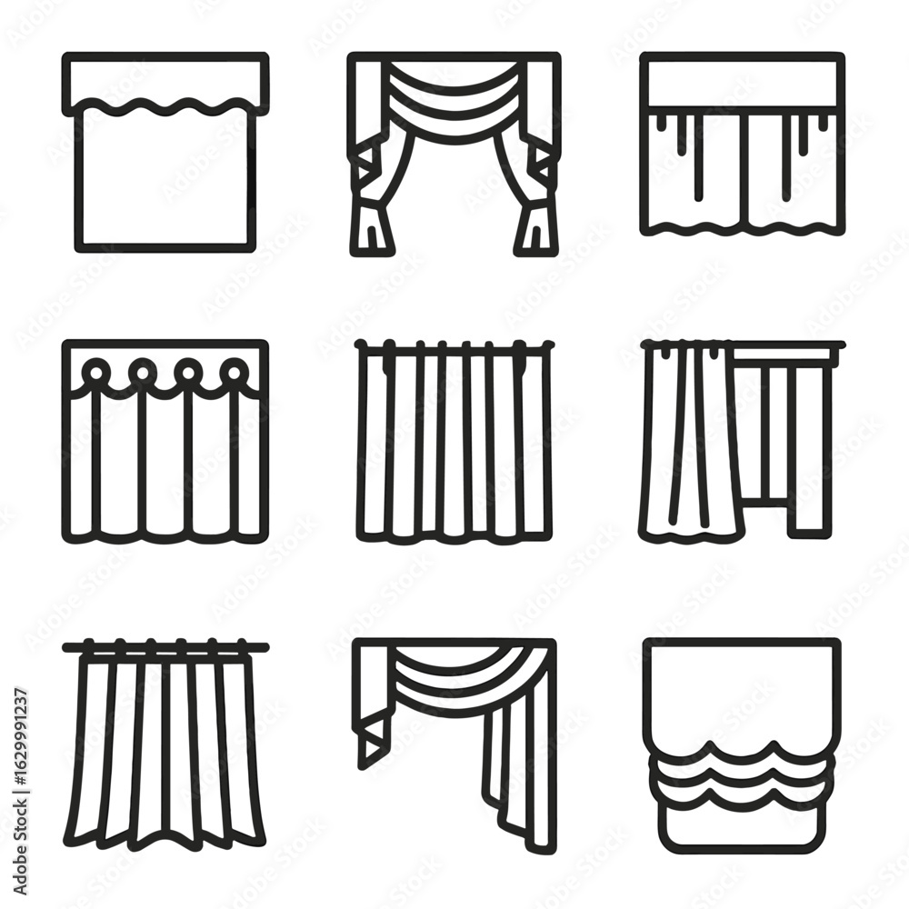 Obraz premium Curtain Styles Icons. Outline icon set of decorative curtain styles: valance outline, swag and jabot, cafe curtain, eyelet curtain