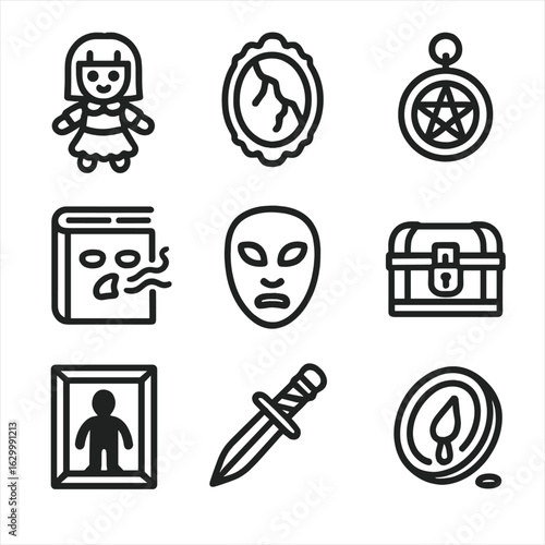 Cursed Objects Icons. Outline icon set of cursed objects: haunted doll, broken mirror, ancient pendant, whispering book, forbidden