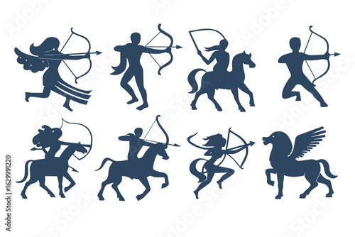 Collection of archer silhouettes in various poses. Vector illustration set of mythological hunters and warriors isolated on a white background.