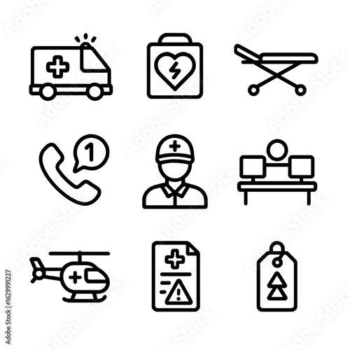 Emergency Response Icons. Outline icon set of emergency response collaboration: ambulance, defibrillator, stretcher, triage tag,