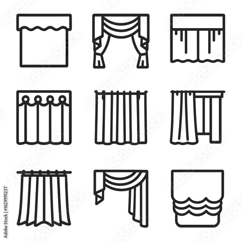 Curtain Styles Icons. Outline icon set of decorative curtain styles: valance outline, swag and jabot, cafe curtain, eyelet curtain