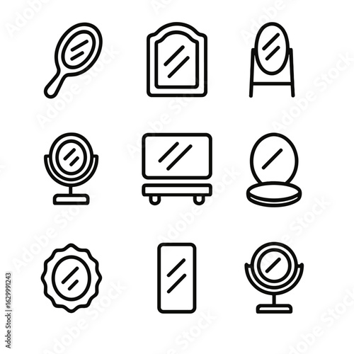 Mirror Icon Collection. Outline icon set of mirrors: hand mirror, wall mirror, standing mirror, vanity mirror, bathroom mirror,