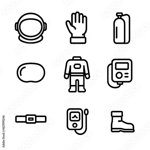 Cosmonaut Gear Icons. Outline icon set of cosmonaut suit: helmet, gloves, boots, oxygen tank, visor, space suit, life support