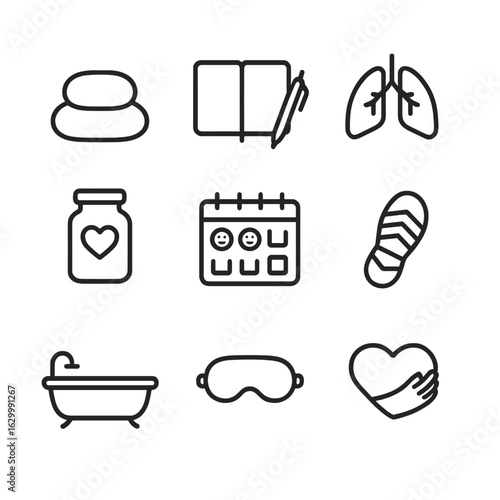 Emotional Well-being Icons. Outline icon set of emotional well-being practices: meditation cushion, journal and pen, mindfulness