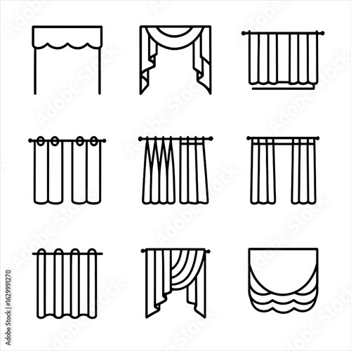 Curtain Styles Icons. Outline icon set of decorative curtain styles: valance outline, swag and jabot, cafe curtain, eyelet curtain