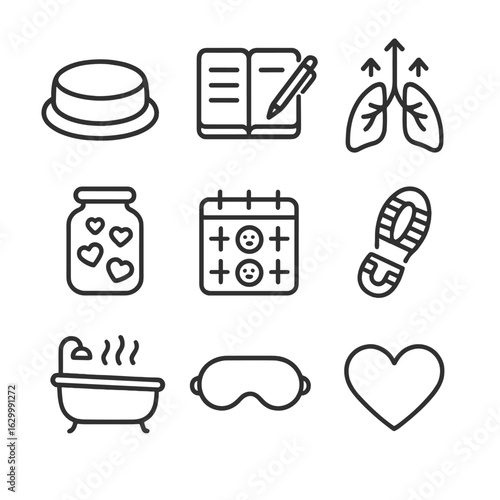 Emotional Well-being Icons. Outline icon set of emotional well-being practices: meditation cushion, journal and pen, mindfulness