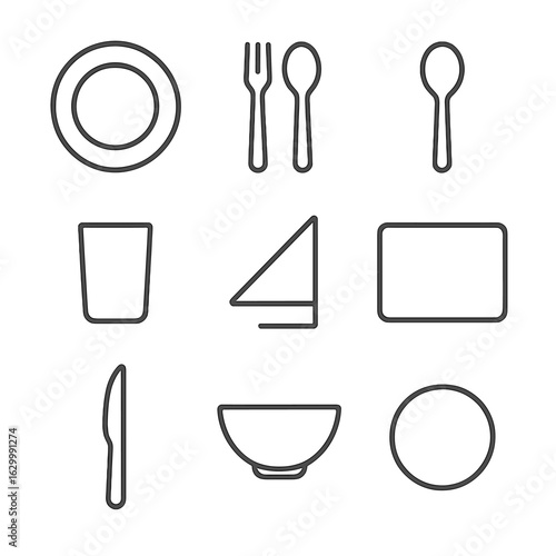 Minimalist Dining Icons. Outline icon set of minimalist place setting: round plate, simple fork, basic spoon, glass tumbler, linen