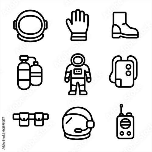Cosmonaut Gear Icons. Outline icon set of cosmonaut suit: helmet, gloves, boots, oxygen tank, visor, space suit, life support