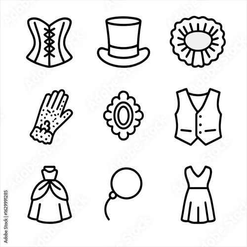 Outline Costume Icons. Outline icon set of period costume: corset, top hat, ruffled collar, lace glove, brooch, waistcoat, bustle