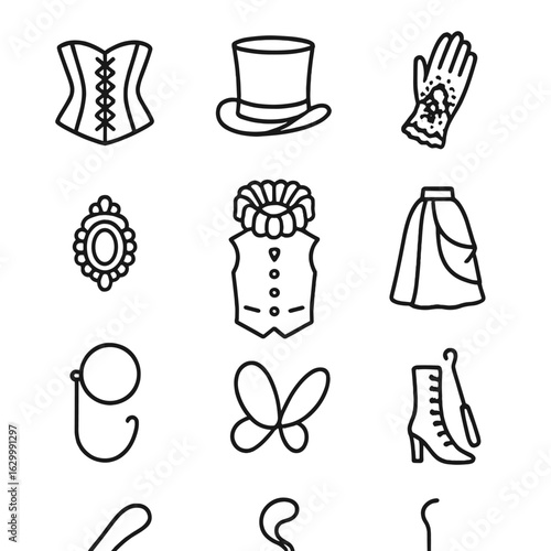 Outline Costume Icons. Outline icon set of period costume: corset, top hat, ruffled collar, lace glove, brooch, waistcoat, bustle